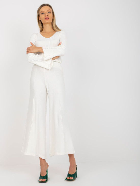 Ecru Wide Knit Pants with High Waist