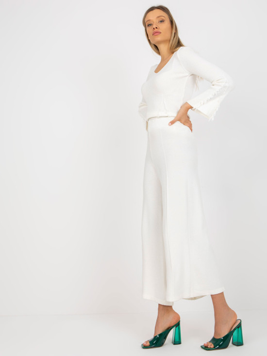 Ecru Wide Knit Pants with High Waist