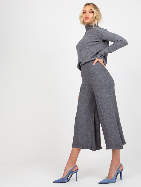 Dark Gray Wide Knit Pants with Elastic Waist