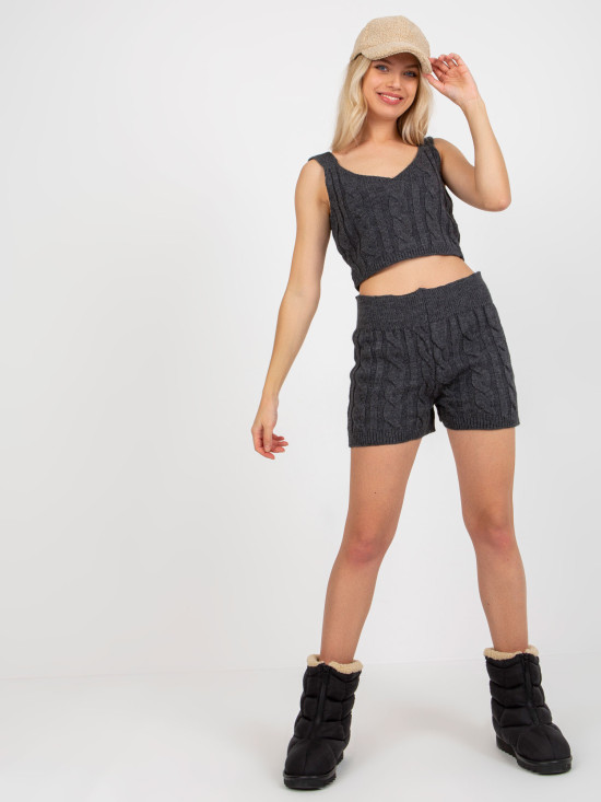 Dark Gray Three-Piece Knit Set with Cardigan