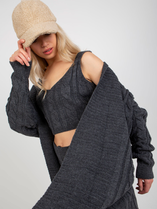 Dark Gray Three-Piece Knit Set with Cardigan