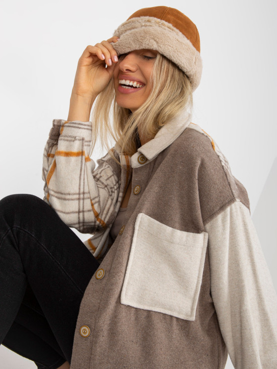 Beige Two-Tone Oversized Shirt with Check Pattern