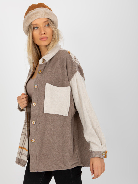 Beige Two-Tone Oversized Shirt with Check Pattern
