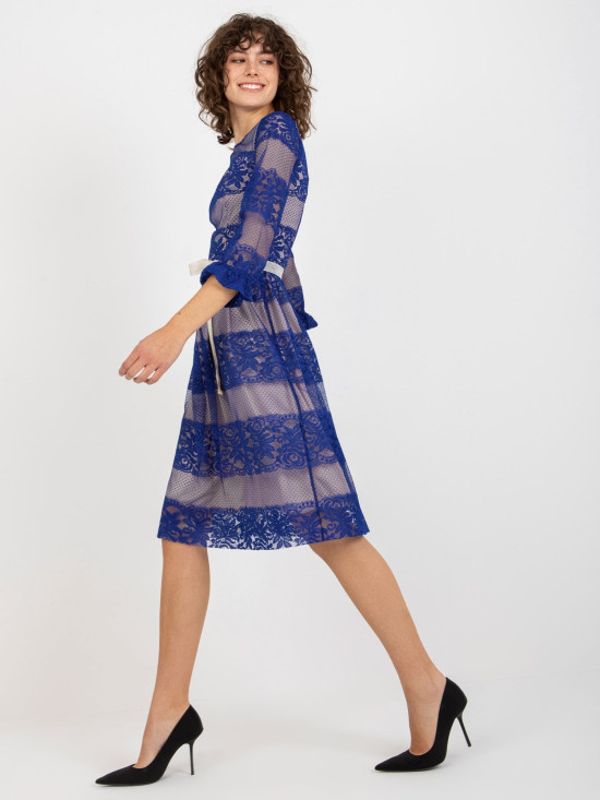 Cobalt Midi Cocktail Dress with Lace and Belt