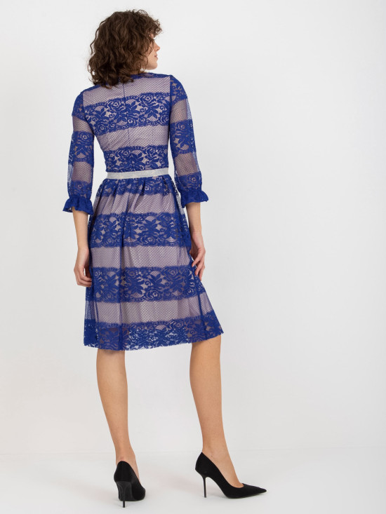 Cobalt Midi Cocktail Dress with Lace and Belt