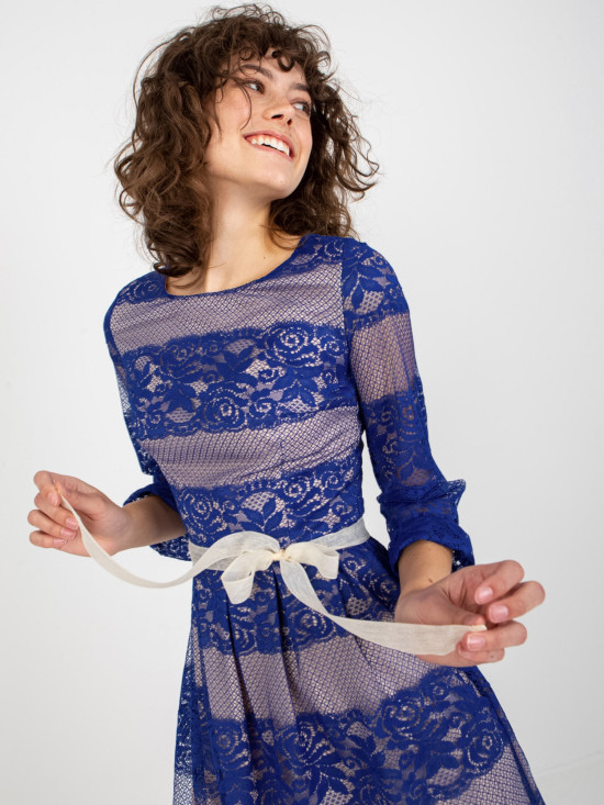 Cobalt Midi Cocktail Dress with Lace and Belt
