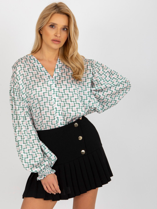 White-Beige Printed Satin-Look Shirt