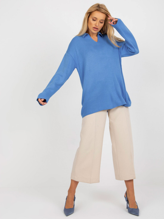 Blue Long Oversize Sweater with Collar RUE PARIS