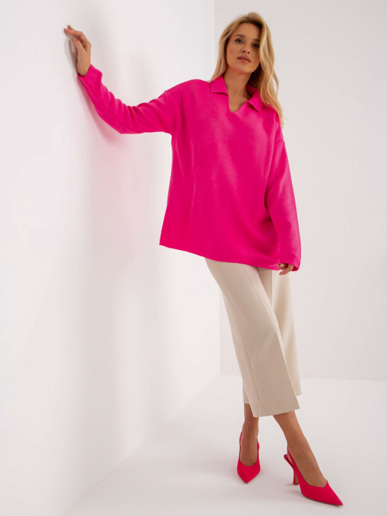Fluo Pink Women's Oversize Sweater with Collar RUE PARIS