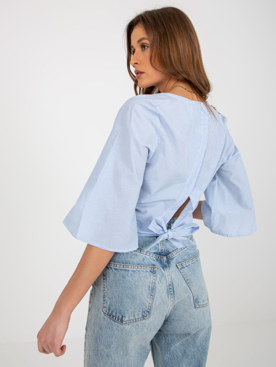 Light Blue-White Elegant Short Blouse with Stripes