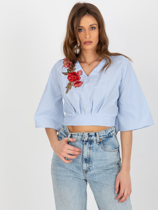 Light Blue-White Elegant Short Blouse with Stripes