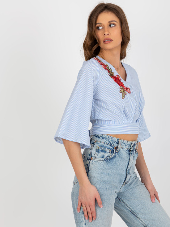 Light Blue-White Elegant Short Blouse with Stripes