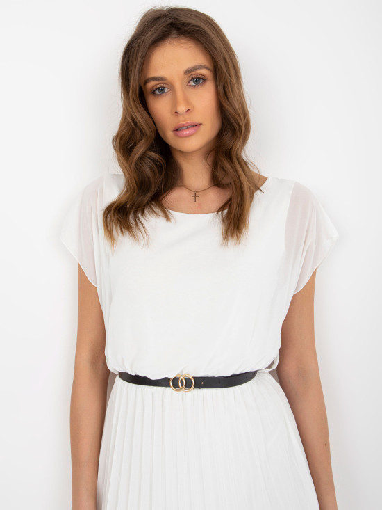Ecru Pleated Dress with Short Sleeves