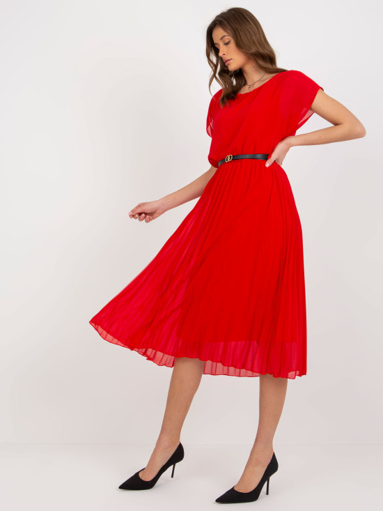 Red Midi Pleated Dress with Belt