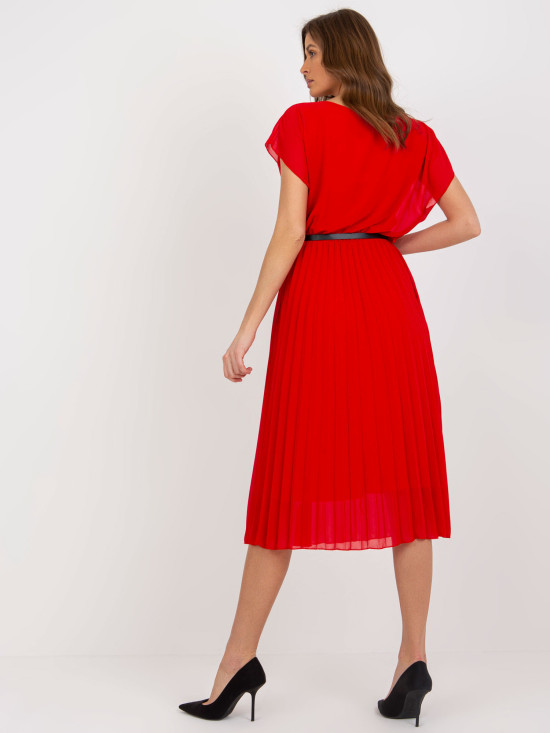 Red Midi Pleated Dress with Belt