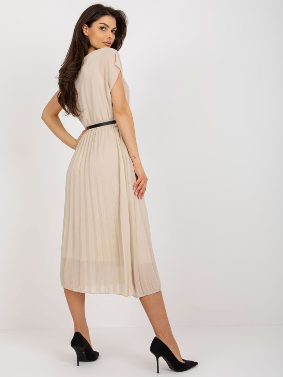 Beige Midi Dress with Flared Cut and Pleats