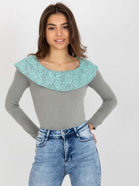 Gray-Green Blouse with Lace Trim