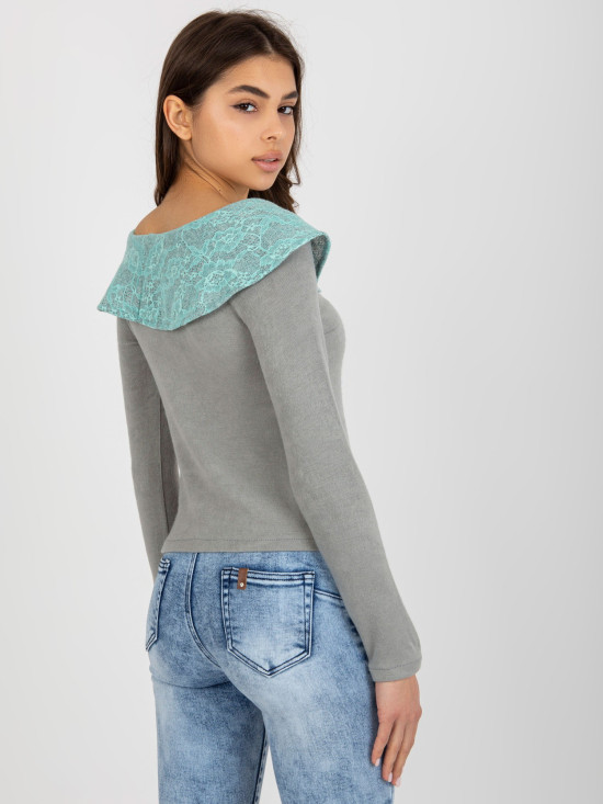 Gray-Green Blouse with Lace Trim