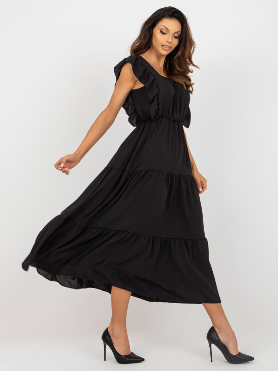 Black Midi Dress with Ruffle and Loose Fit