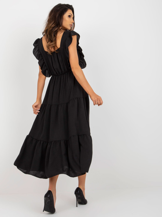 Black Midi Dress with Ruffle and Loose Fit