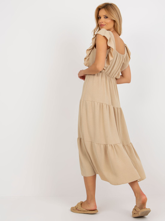 Beige Midi Dress with Ruffle