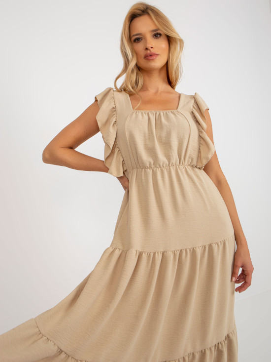 Beige Midi Dress with Ruffle