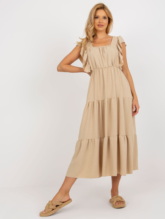 Beige Midi Dress with Ruffle