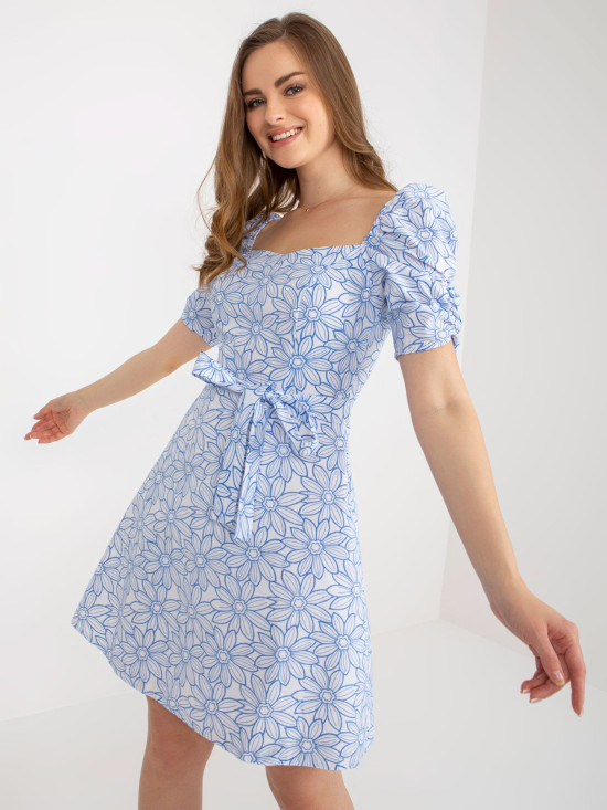 White-Blue Summer Dress with Short Sleeves
