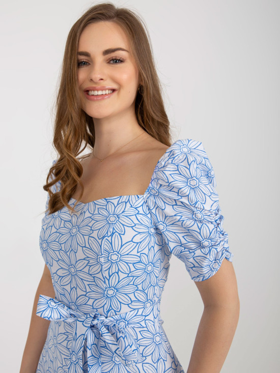 White-Blue Summer Dress with Short Sleeves