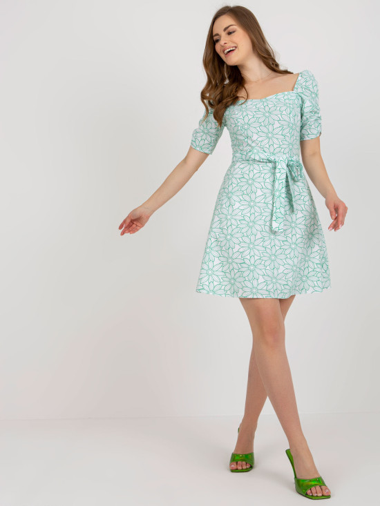 White-Green Dress with Ruffled Sleeve