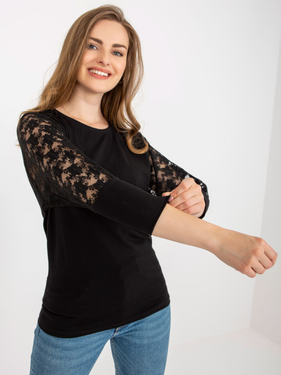 Black Blouse with Lace and 3/4 Sleeves Hawana RUE PARIS