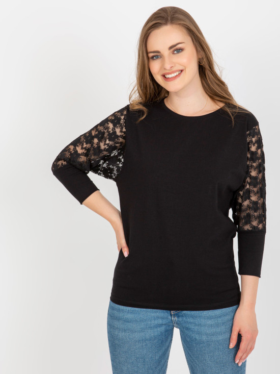 Black Blouse with Lace and 3/4 Sleeves Hawana RUE PARIS
