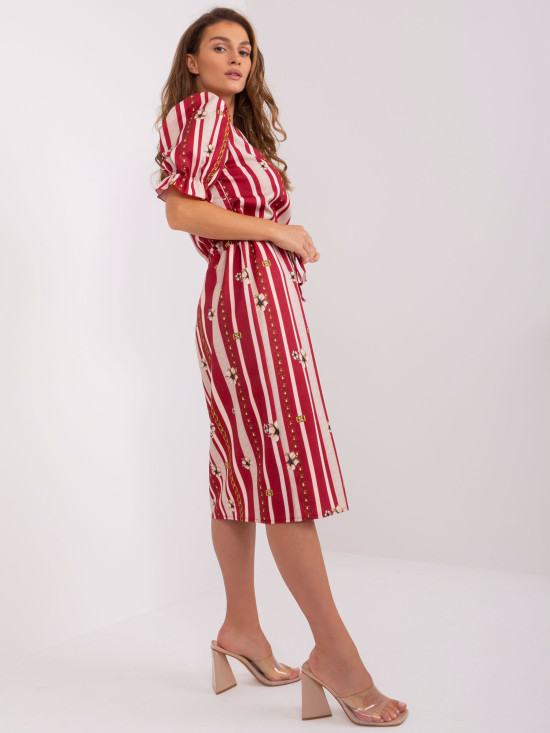 Bordeaux Midi Dress with Print and Drawstring