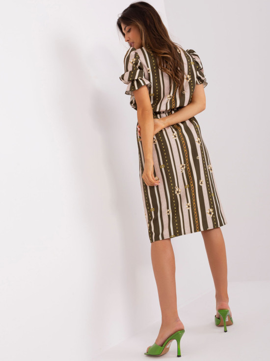 Khaki Midi Dress with Print and Short Sleeves