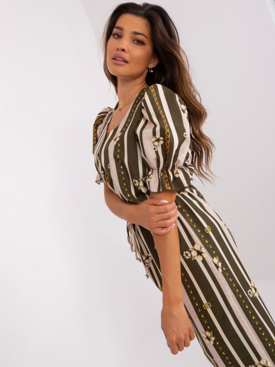 Khaki Midi Dress with Print and Short Sleeves