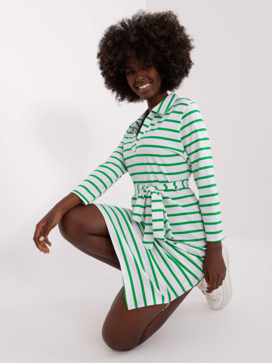 White-Green Simple Dress with Collar