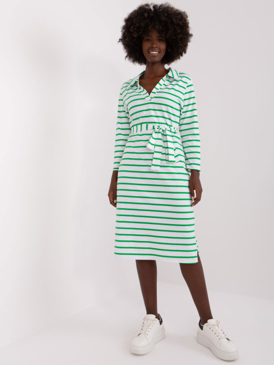 White-Green Simple Dress with Collar