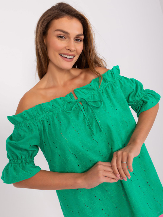 Green Blouse with Short Sleeves and Off-Shoulder Neckline