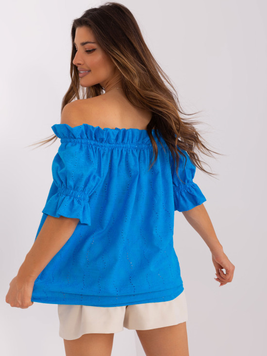 Blue Cotton Blouse with Off-Shoulder Design