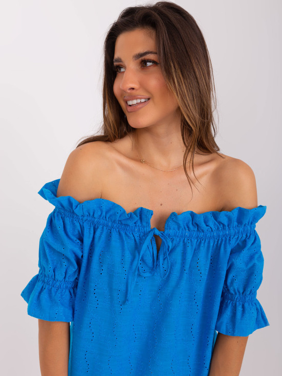 Blue Cotton Blouse with Off-Shoulder Design