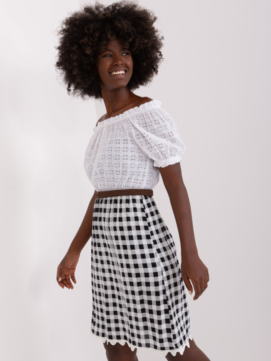 Ecru-Black Off-Shoulder Dress with Belt