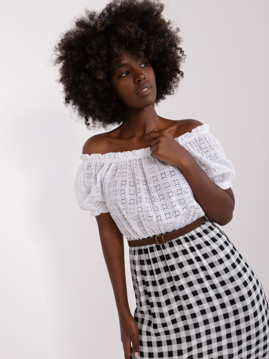 Ecru-Black Off-Shoulder Dress with Belt