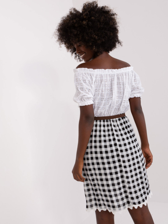 Ecru-Black Off-Shoulder Dress with Belt