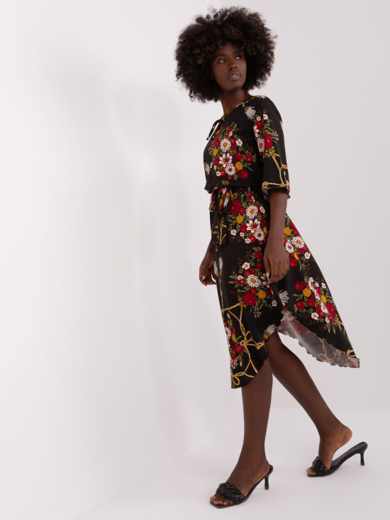 Black Midi Dress with Floral Print and 3/4 Sleeves