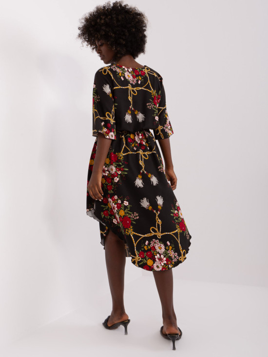 Black Midi Dress with Floral Print and 3/4 Sleeves