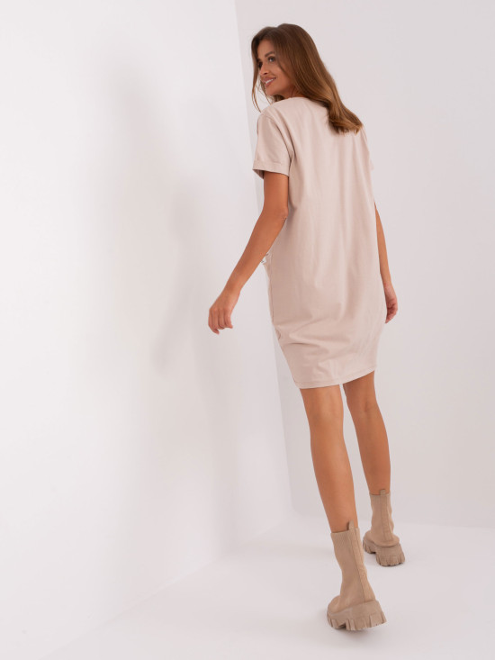 Beige Basic Dress with Short Sleeves