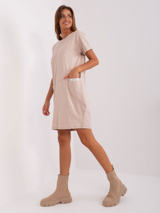 Beige Basic Dress with Short Sleeves