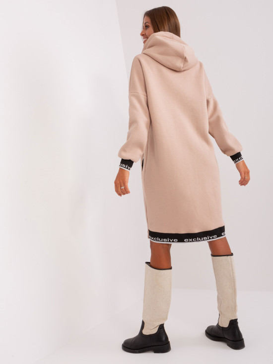 Beige Long Zip-Up Hoodie with Pockets