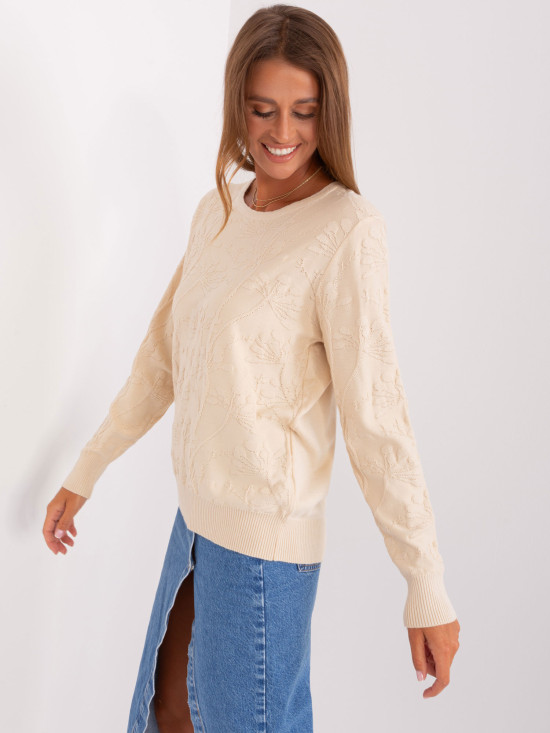 Light Beige Women's Classic Sweater with Ribbed Cuffs