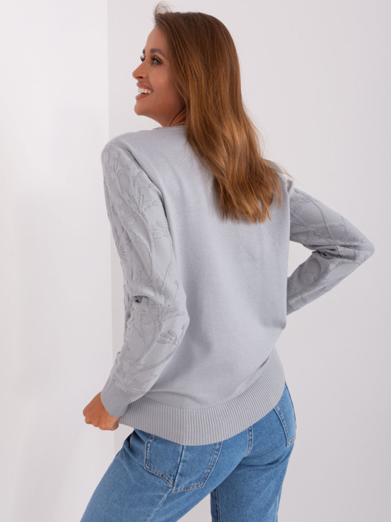Gray Classic Sweater with Ribbed Cuffs
